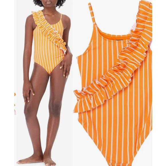NWT Habitual Girls' Kids' Ruffle One-Piece Swimsuit Youth Size 14 Orange - Picture 2 of 6